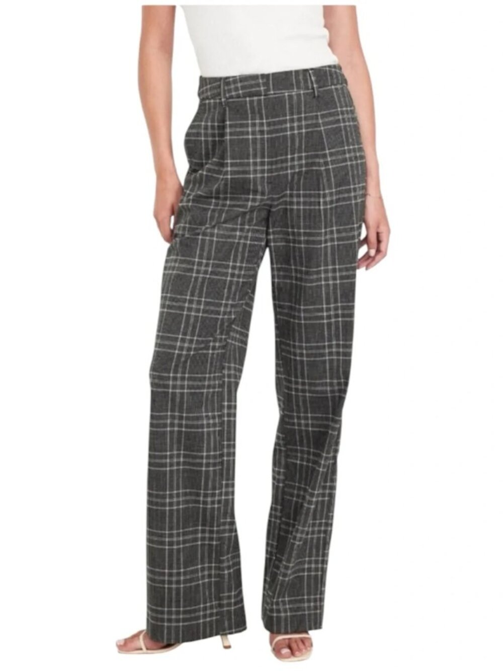 OLD NAVY Pants Womens L Tall Gray Plaid Taylor Wide Leg Trouser Pull On Stretch